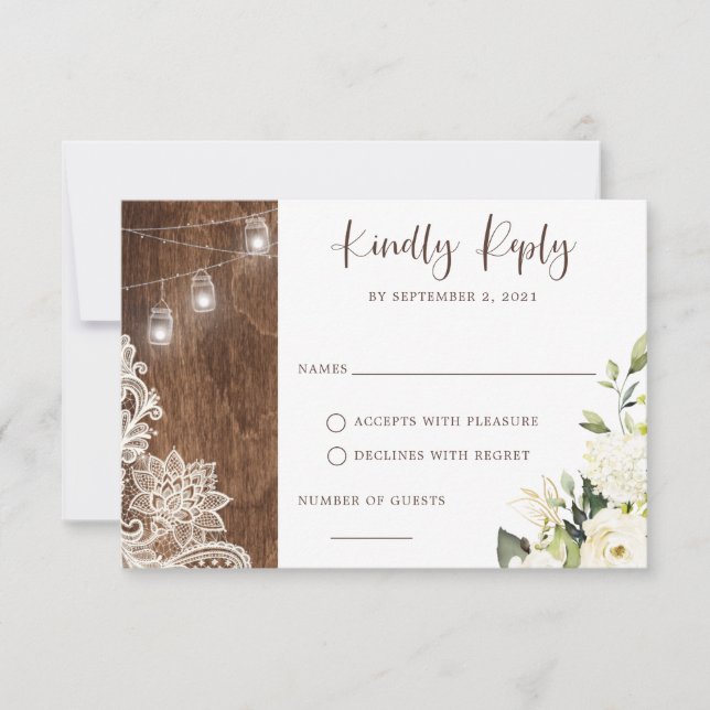 Convite Floral Russo Wood Lace String Luzes Mason Jar (Frente)