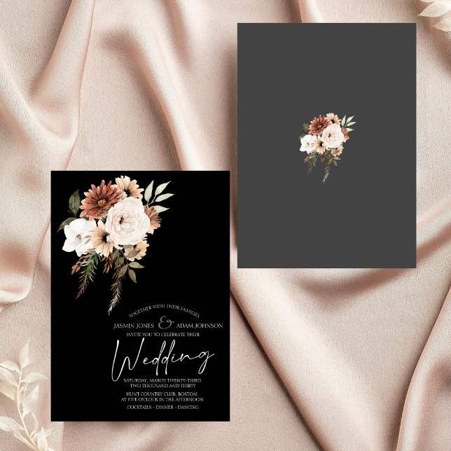 Convite Floral Rustic Black and Peach (Rustic Black and Peach Floral Wedding Invitation)