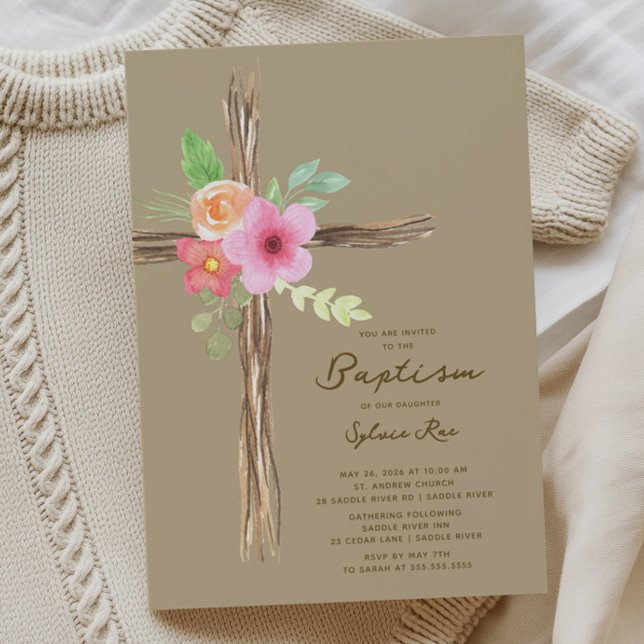 Convite Floral Rustic Cross Baptism Invitation (Criador carregado)