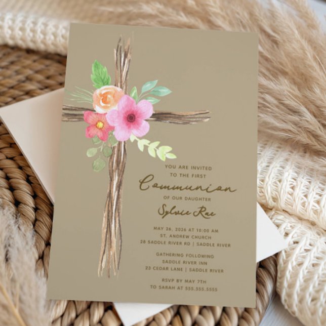 Convite Floral Rustic First Communion Invitation (Criador carregado)