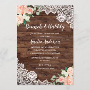 Convite Floral Rustic Wood Lace Brunch E Bubble