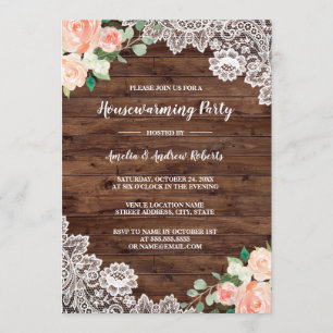 Convite Floral Rustic Wood Lace House Party