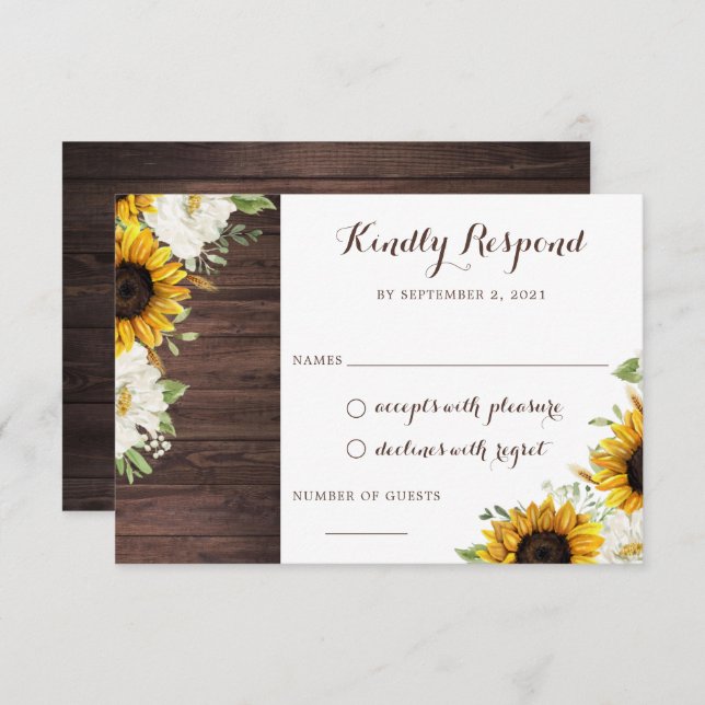 Convite Floral Rustic Wood Sunflower Greenery Barn RSVP (Frente/Verso)