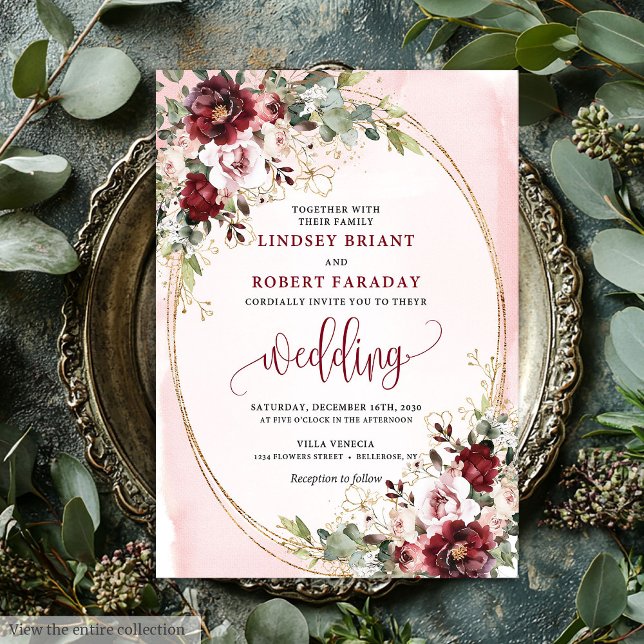 Convite Floral Rústico Boho Borgonha Bege Dourado (Rustic Boho Burgundy Blush Gold Floral Invitation)