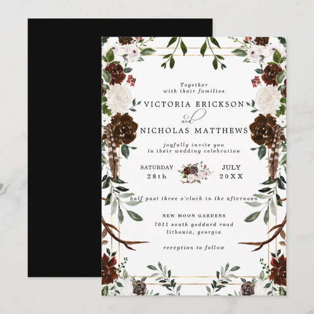 Convite Floral Rústico | Casamento Botânico Boho (Frente/Verso)