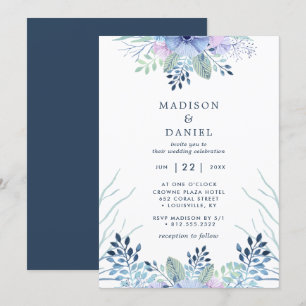 Convite Floral Rústico de Inverno Azul Marinho Casamento A
