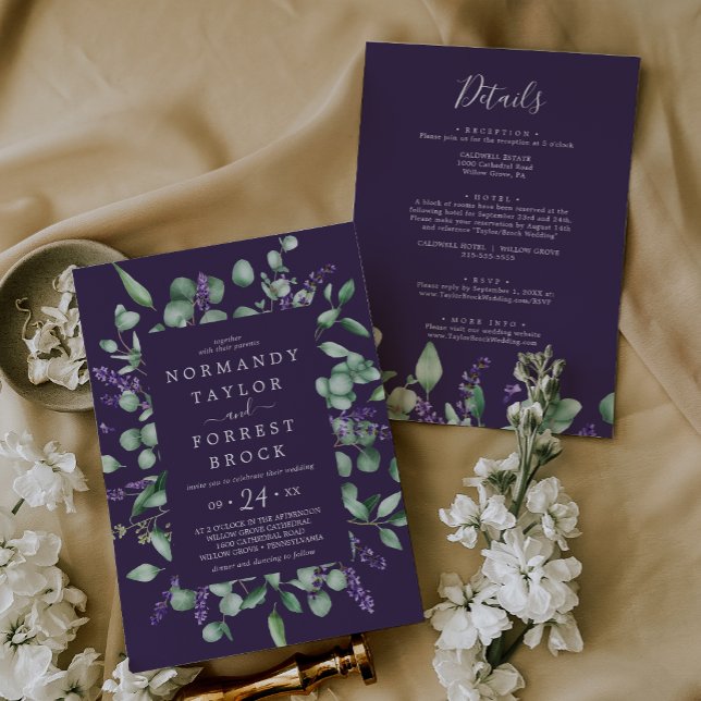 Convite Floral Rústico De Lavanda Roxo Tudo Em Um Casament (Rustic Lavender Purple Floral All In One Wedding Invitation)
