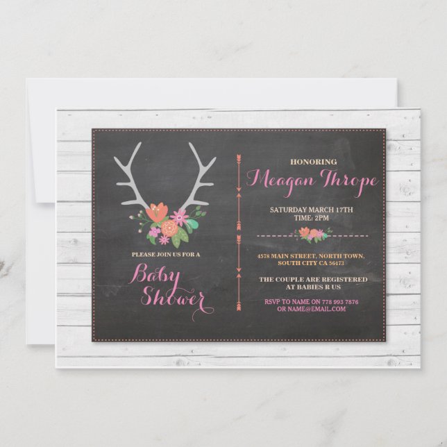 Convite Floral rústico do rosa do veado do chá de fraldas (Frente)