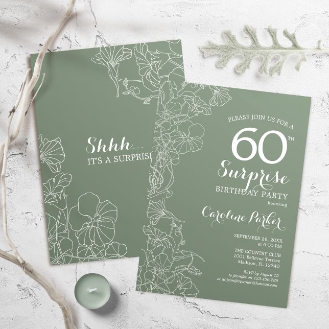 Convite Floral Sage Green Surprise 60th Birthday Party (Criador carregado)