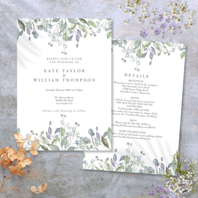 Convite Floral Sage Lilac Greenery Tudo Em Um Casamento (Floral Sage Lilac Greenery All In One Wedding Invitation)