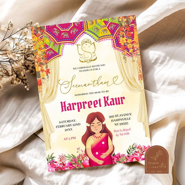 Convite Floral Seemantham Godh Barai Chá de fraldas indian (Criador carregado)