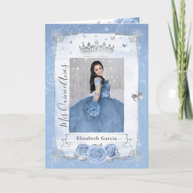 Convite Floral Silver Baby Blue Quinceañera Foto Dobrada (Frente)