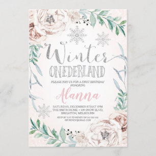 Convite Floral Silver Glitter Winter Onederland Birthday