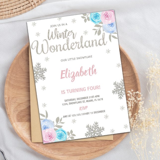 Convite Floral Silver Glitter Winter Wonderland Birthday (Floral Silver Glitter Winter Wonderland Birthday Invitation)