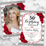 Convite Floral Silver White Rosa vermelha Foto 50º Anivers<br><div class="desc">Elegante, floral, 50º aniversário feminino com sua foto no final do cartão. Glam branco, design vermelho com falso brilho prateado. Recursos stripes, rosa vermelha, fonte de script e confetti. Perfeito para uma festa de comemoração de na moda adulto. Personalize com seus próprios detalhes. Pode ser personalizado para qualquer idade! Impressos...</div>