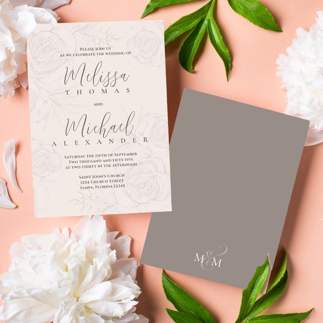 Convite Floral Simples de Blush Clássico Elegante (Elegant wedding invitations with blush floral pattern and taupe back.)
