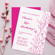 Floral Simples e Elegante Rosa Quente de Aniversár
