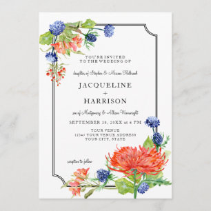 Convite Floral Simples Queda De Aquarela Laranja Azul