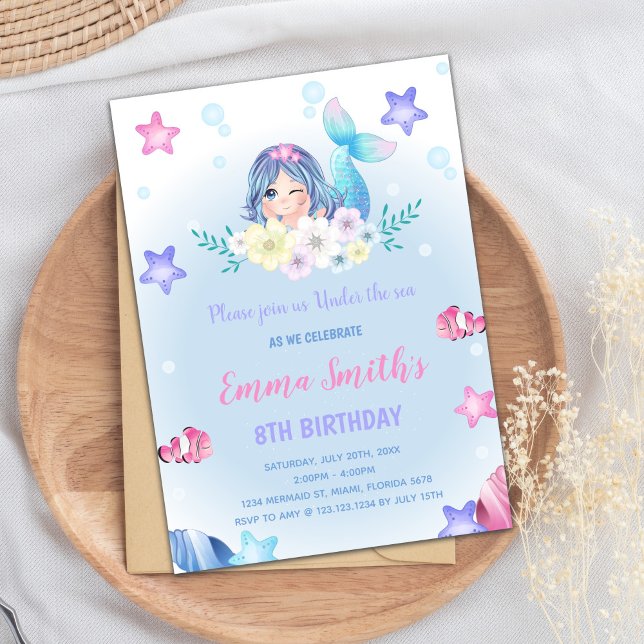 Convite Floral Sob O Mar, Sereia (Floral Under the sea Mermaid Invitations)