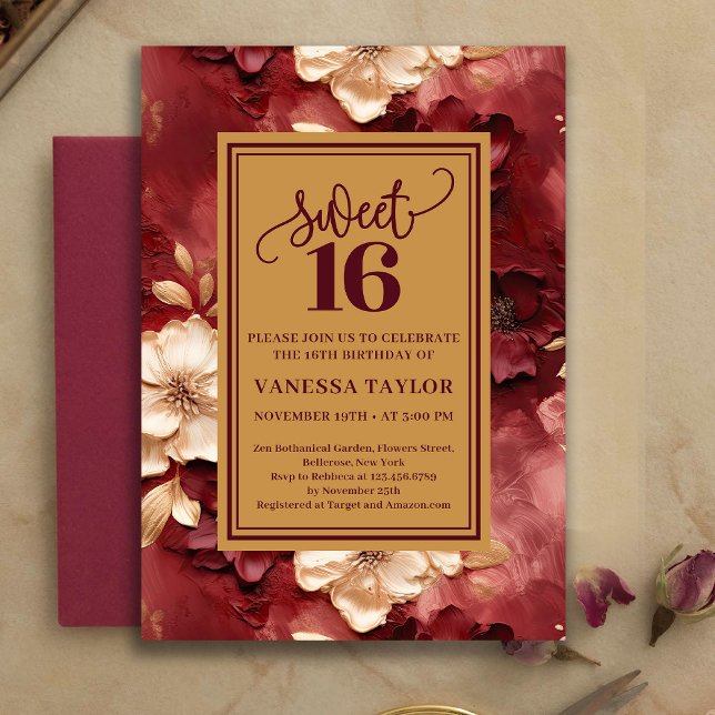Convite Floral Sofisticado de Doze Anos em Burgund (Sophisticated Sweet 16 Burgundy Gold Floral Invite)