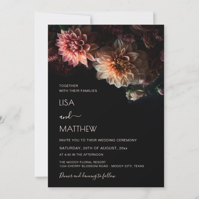 Convite Floral Sombrio e Temperamental | Casamento Casual (Frente)