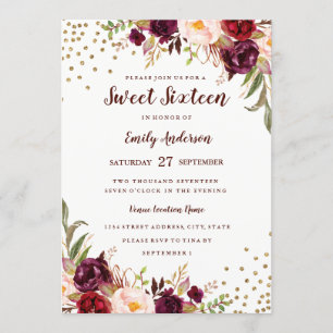 Convite Floral Sparkle Burgundy Vermelho Sweet Six