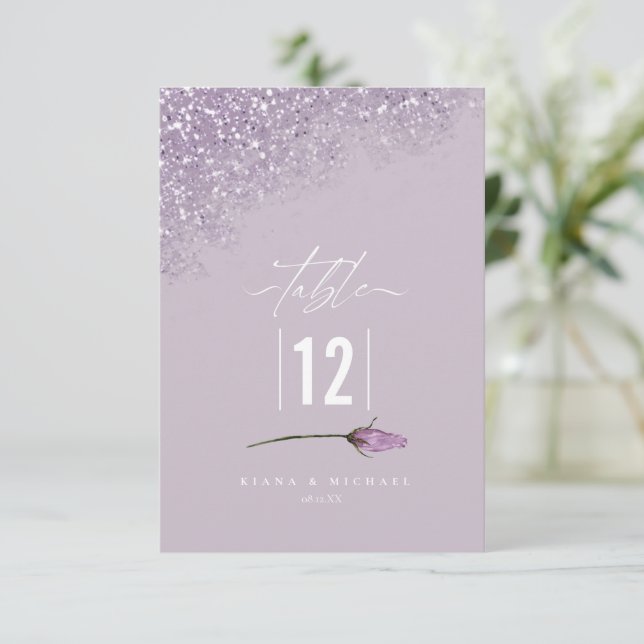 Convite Floral Sparkles Wedding Table Number Mauve ID889 (Em pé/Frente)
