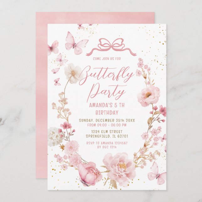Convite Floral Spring Garden Watercolor Butterfly Birthday (Frente/Verso)