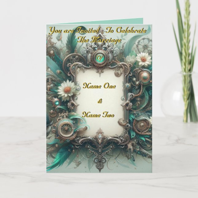 Convite Floral Steampunk Wedding Green e Silver (Frente)