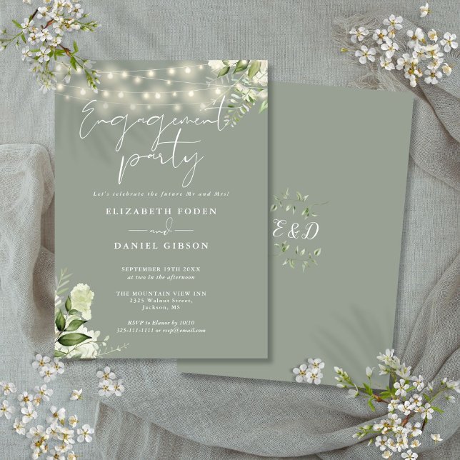 Convite Floral String Lights Sage Green Festa de noivado (Floral String Lights Sage Green Engagement Party Invitation)