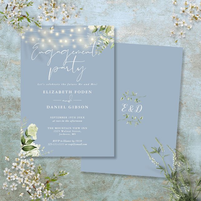 Convite Floral String Luzes Azuis Dusty Festa de noivado (Floral String Lights Dusty Blue Engagement Party Invitation)