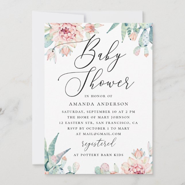 Convite Floral Succulent Baby Shower | Elegant Boho Cactus (Frente)