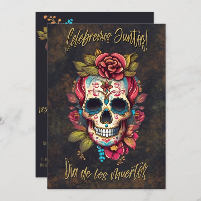 Convite Floral Sugar Skull Día de los Muertos Espanha (Frente/Verso)
