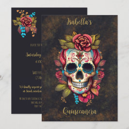 Convite Floral Sugar Skull Quinceanera Aniversário Inglês