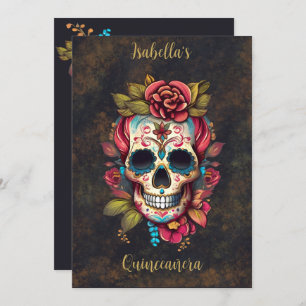 Convite Floral Sugar Skull Quinceanera Aniversário Inglês