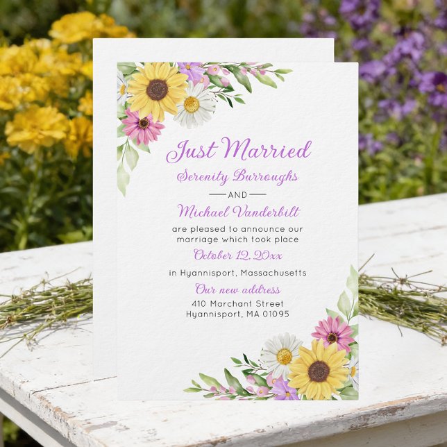 Convite Floral Sunflower Daisy Just Married Wedding (Criador carregado)