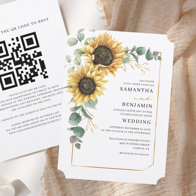 Convite Floral Sunflower Eucalyptus Código QR Casamento Ru (Floral Sunflower Eucalyptus QR Code Rustic Wedding Invitation)