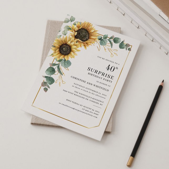 Convite Floral Sunflower Eucalyptus Surprise aniversário d (Sunflower Eucalyptus Greenery 40th Birthday Party Invitation)