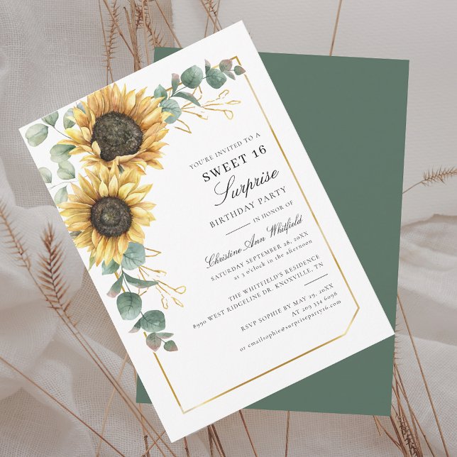 Convite Floral Sunflower Eucalyptus Sweet 16 Aniversário (Sunflower Floral Eucalyptus 16th Birthday Party Surprise Sweet Sixteenth Invitation)