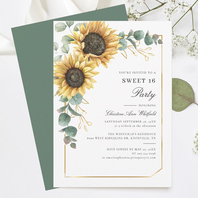 Convite Floral Sunflower Eucalyptus Sweet 16 Party (Sunflower Floral Eucalyptus 16th Birthday Party Sweet Sixteen Invitation)