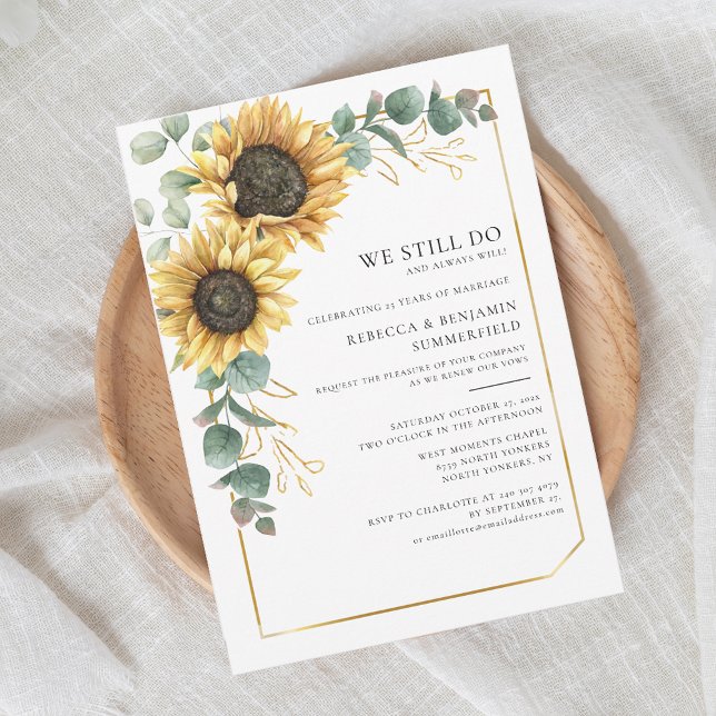 Convite Floral Sunflower Eucalyptus Wedding Vow Renewal (Floral Watercolor Sunflower Botanical Wedding Anniversary Invitation)