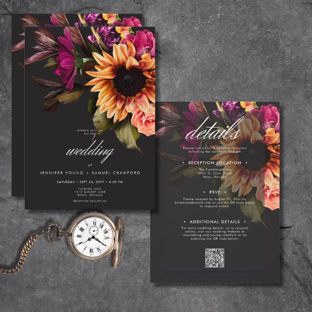 Convite Floral Sunset Elegante E Vibrante, Tudo Em Um (Elegant Moody Vibrant Sunset Floral All In One Invitation)