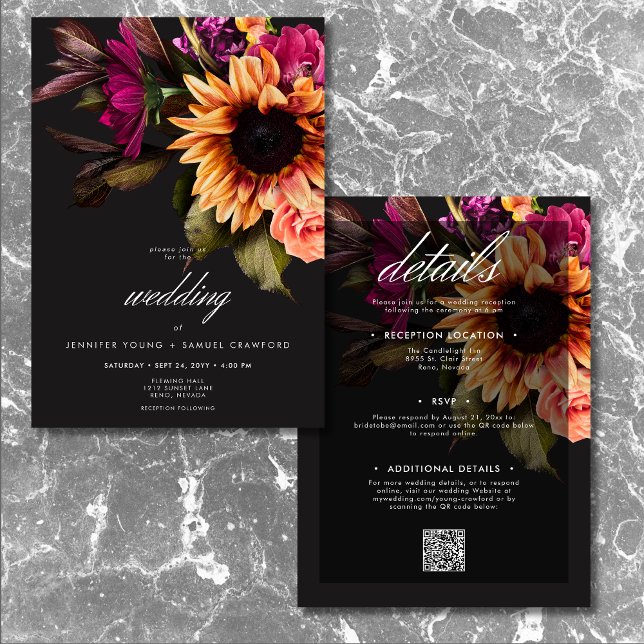 Convite Floral Sunset Elegante, Vibrante, Solar, Dois Lado (Elegant Moody Vibrant Sunset Floral Two Sided Invitation)