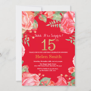 Convite Floral Surprise 15 Birthday Dourada Glitter e Red