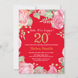 Convite Floral Surprise 20 Birthday Dourada Glitter e Red