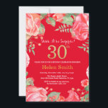 Convite Floral Surprise aniversário de 30 anos Dourada Gli<br><div class="desc">Red Floral Surprise aniversário de 30 anos Convite para Mulheres. Flor Botânica De Aquarela Dourada Glitter. Flores Florais De Pêonias Rosa. Aniversário Adulto. Fundo Vermelho. Para mais personalização,  clique no botão "Personalizar" e use nossa ferramenta de design para modificar este modelo.</div>