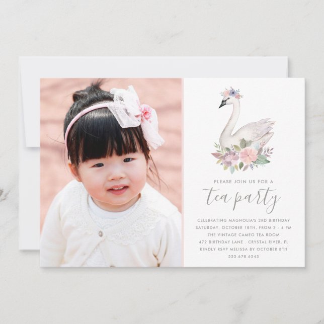 Convite Floral Swan Princess Birthday Photo Tea Party (Frente)