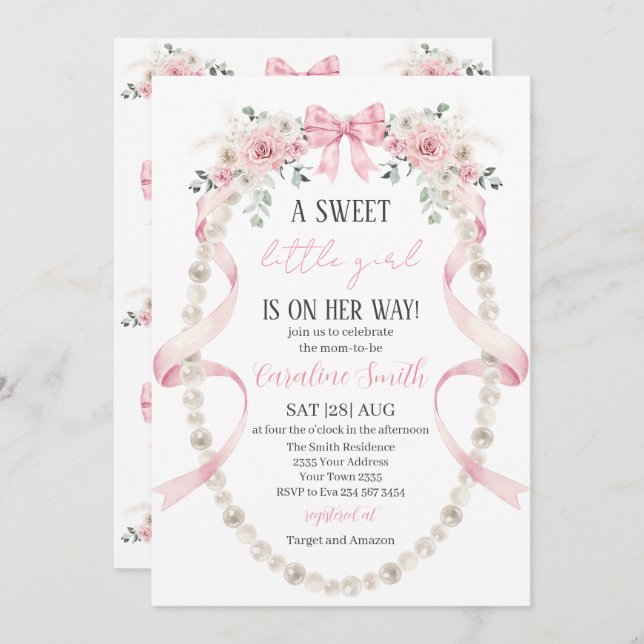 Convite  Floral Sweet little girl baby shower (Frente/Verso)