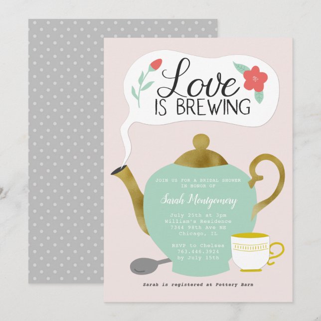 Convite Floral Tea Party Love Is Breaking (Frente/Verso)