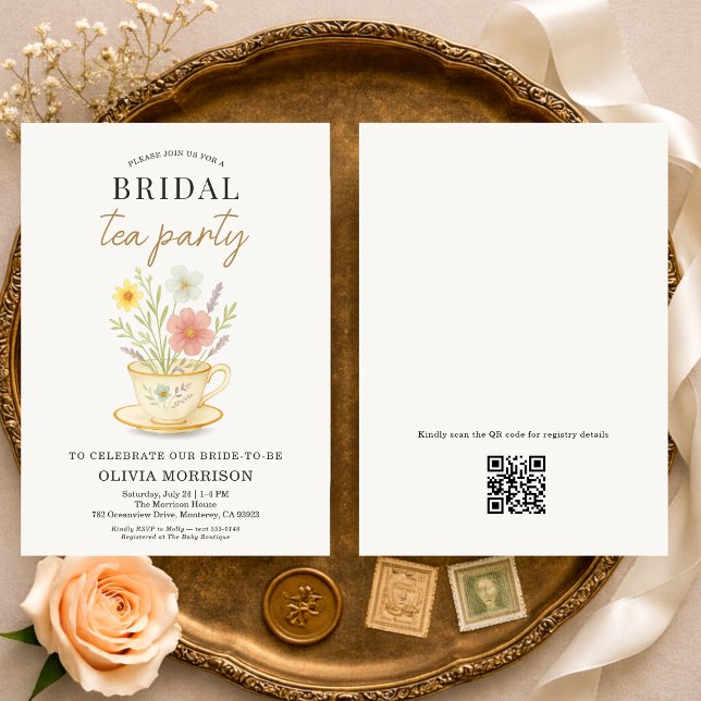 Convite Floral Tea Party QR Code Bridal Shower (Criador carregado)